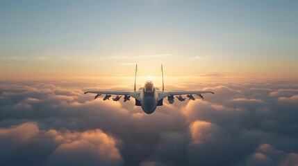 Fototapeta na wymiar Jet fighter on a covert mission, crossing cloud barriers