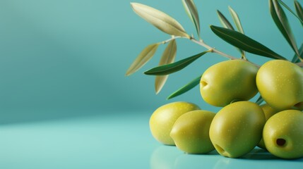 green olives A photorealistic illustration against pastel blue background with copy space for text or logo, beautifully illuminated by studio lighting 