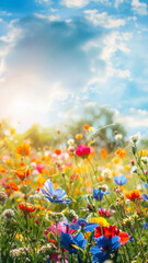 Obraz na płótnie Canvas Vibrant Spring Meadow, Colorful Wildflowers Under Sunny Skies