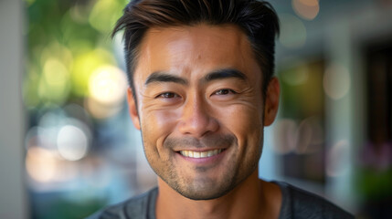 A asian man with a white shirt and a beard is smiling. He has a mustache. pretty good looking asian 29-year-old man is friendly smiling