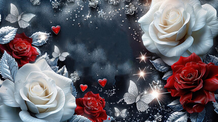 Sparkling background with 3D roses, butterflies and red heart as wallpaper illustration with copy space