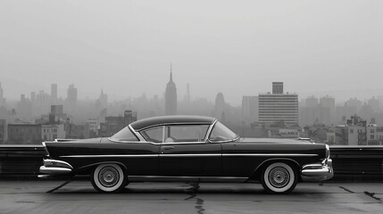 A black and white illustration of a classic vintage car against a city backdrop. AI generate