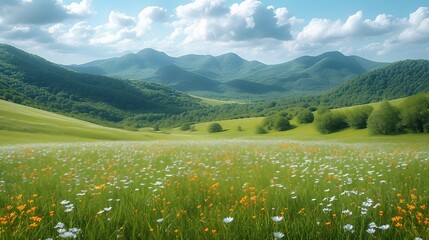 Fototapeta na wymiar A calming landscape of rolling hills and meadows with wildflowers. AI generate illustration