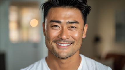 A asian man with a white shirt and a beard is smiling. He has a mustache. pretty good looking asian 29-year-old man is friendly smiling