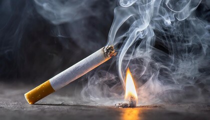 Burning cigarette with ash and smoke on dark background. World No Smoking Day