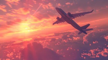 Commercial airplane taking off into colorful sky at sunset. Landscape with white passenger aircraft purple sky with pink clouds. Travelling by plane 