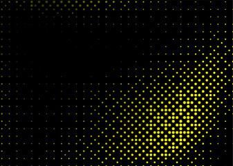 Halftone texture with yellow dots on a black background. Minimalism, vector. Background for posters, websites, business cards, postcard design