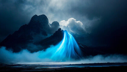 Abstract scenery with electric blue smoke on dark background. Fog and clouds. Dramatic scene.