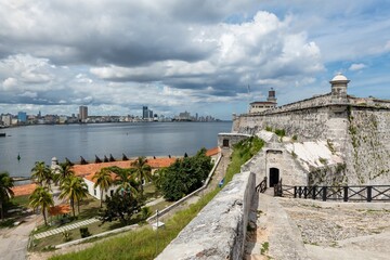 Cityscape of Havana, Cuba capital city, Morro Castle, with Bahia de la Habana bay