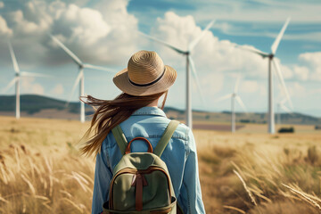 back view of Woman in a hat and backpack stands on a field near wind turbines .Renewable Energy and sustainability concept - Powered by Adobe