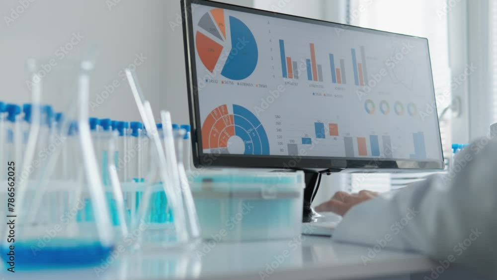 Aufkleber Research and new development in a modern scientific laboratory behind a computer monitor. Work on the vaccine and medicines. A geneticist in a modern biolaboratory conducts high-precision studies of