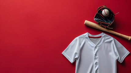 White baseball jersey glove and bat laying flat on red color background