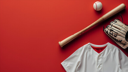 White baseball jersey glove and bat laying flat on red color background