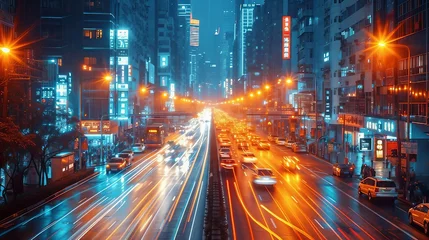 Fotobehang A dynamic and energetic cityscape with streaks of car lights at night. AI generate illustration © PandaStockArt