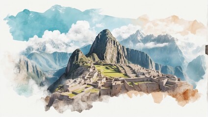 Machu Picchu and Cusco cityscape double exposure contemporary style minimalist artwork collage illustration. - obrazy, fototapety, plakaty