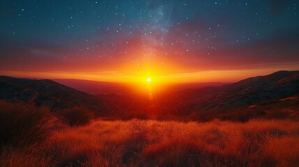 A mesmerizing time-lapse image of a starry night sky transitioning to a sunrise. AI generate illustration