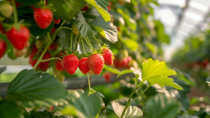Obraz premium A bunch of red strawberries hanging from a plant. Concept of freshness and abundance. Photos of fresh strawberries in the greenhouse