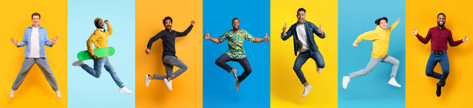 Vibrant Collage Of Men Displaying Dynamic Poses While Jumping Against Colorful Backgrounds