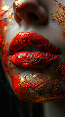 Naklejka premium Beauty Portrait of An Attractive Sensual Young Brunette Woman Lips With Red and Gold Color Lipstick Background Bokeh