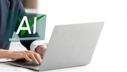Businessman using laptop with approved AI symbol on virtual screen for Saporting check mark AI.