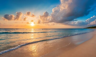 Fototapeta premium Wide golden sunset over beach with beautiful sky, tranquil relaxing atmosphere, summer mood, calmness holiday vacation theme.