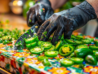 Chef chopping jalapenos, perfect for illustrating spicy recipe and cooking articles