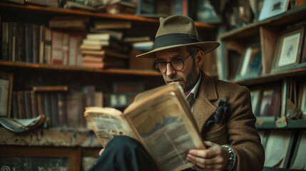 A man immersed in literature, surrounded by the tranquility of his book-laden sanctuary