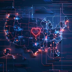 A map of the USA with a heart marking the nations capital , Technology concept, futuristic background - obrazy, fototapety, plakaty