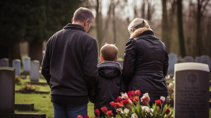 A family visiting the graves of loved ones