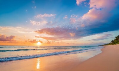 Obraz premium Wide golden sunrise over beach with beautiful sky, tranquil relaxing atmosphere, summer mood, calmness holiday vacation theme.