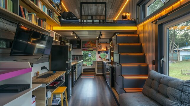 Tiny house interior showing upper and lower levels