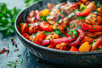 Mexican steamy chicken fajitas with peppers for food blog and recipe visuals, copy space