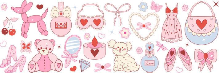 Pink girly coquette y2k aesthetic set, elegant vintage accessory. Lovely cute collection, red cherrie, pink ribbon, bow, balloon dog isolated on white background. Vector illustration