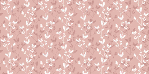 Spring branches seamless vector pattern. Small leaves prune, pink silhouette ornament