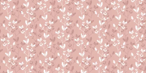 Fotobehang Spring branches seamless vector pattern. Small leaves prune, pink silhouette ornament © Good Goods