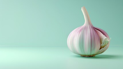 garlic A photorealistic illustration against pastel pastel green background with copy space for text or logo, beautifully illuminated by studio lighting 