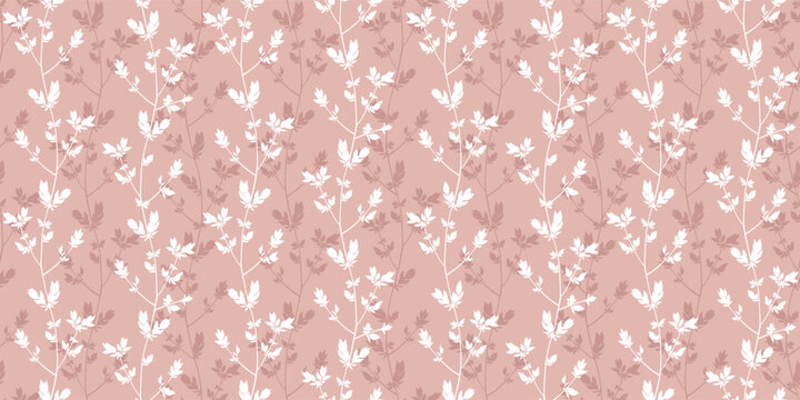 Spring branches seamless vector pattern. Small leaves prune, pink silhouette ornament