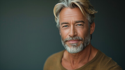 Obraz premium A man with a beard and gray hair is smiling at the camera. He is wearing a brown shirt and he is in a good mood. a handsome blonde middle aged man
