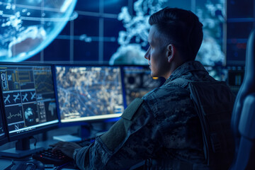 powerful portrayal of a military surveillance officer monitoring satellite imagery for strategic insights, highlighting the strategic importance of surveillance in military operati