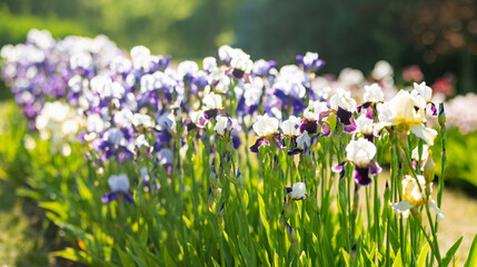 Colorful iris flowers blossoming on a flower bed in the park on sunny summer evening.