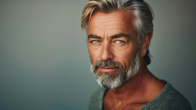 A man with a beard and gray hair is smiling at the camera. He is wearing a grey shirt and he is in a good mood. a handsome blonde middle aged man