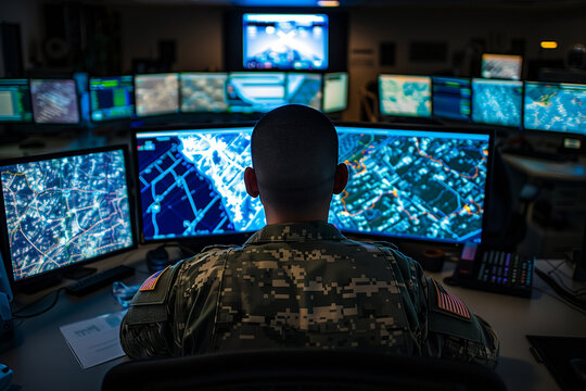 powerful portrayal of a military surveillance officer monitoring satellite imagery for strategic insights, highlighting the strategic importance of surveillance in military operati