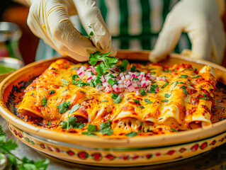 Chief decorates a traditional mexican enchiladas, latin american culinary heritage Ideal for articles and blogs about food