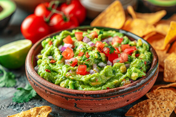 Fresh guacamole in a ceramic plate, served with chips, Mexican traditional food.