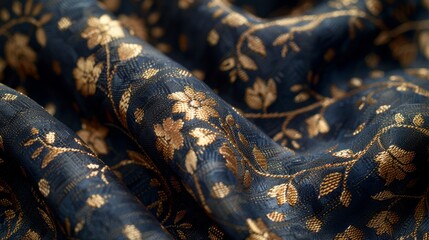 A smooth expanse of Turkish brocade fabric in rich navy blue, interwoven with gold threads forming elegant floral motifs.  - obrazy, fototapety, plakaty