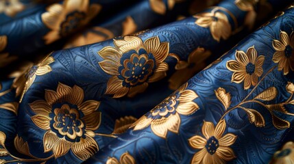 A smooth expanse of Turkish brocade fabric in rich navy blue, interwoven with gold threads forming elegant floral motifs. 