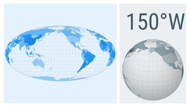 World Map Animation. Equal-area, pseudocylindrical Mollweide projection. Colored countries style. Animated world map in Mollweide projection.