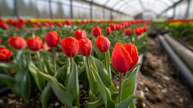 A field of red tulips with a few of them in the foreground. The flowers are in a greenhouse. Red closed tulips growing in a large industrial greenhouse on sawdust
