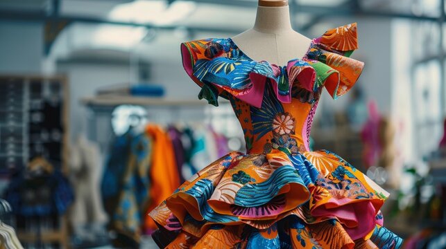 Designer atelier, vibrant dress on mannequin