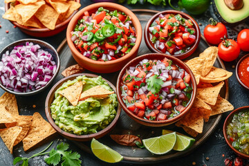 A classic Mexican food with guacamole, tortilla chips , tomatoes, onions. Ideal for articles and blogs about food and travel.